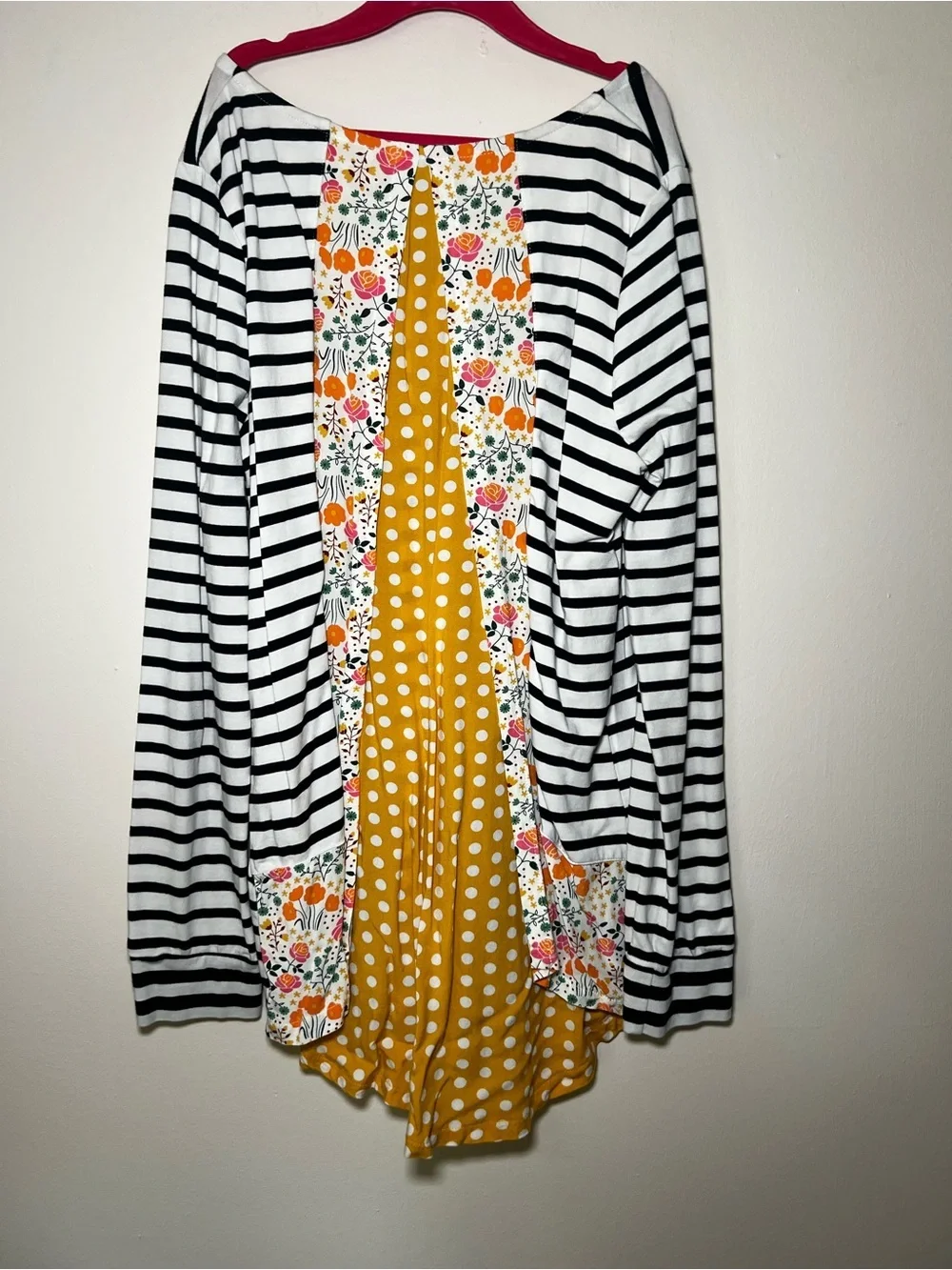 Black and White Striped Long Sleeve Dress with Floral and Polka Dots on Back